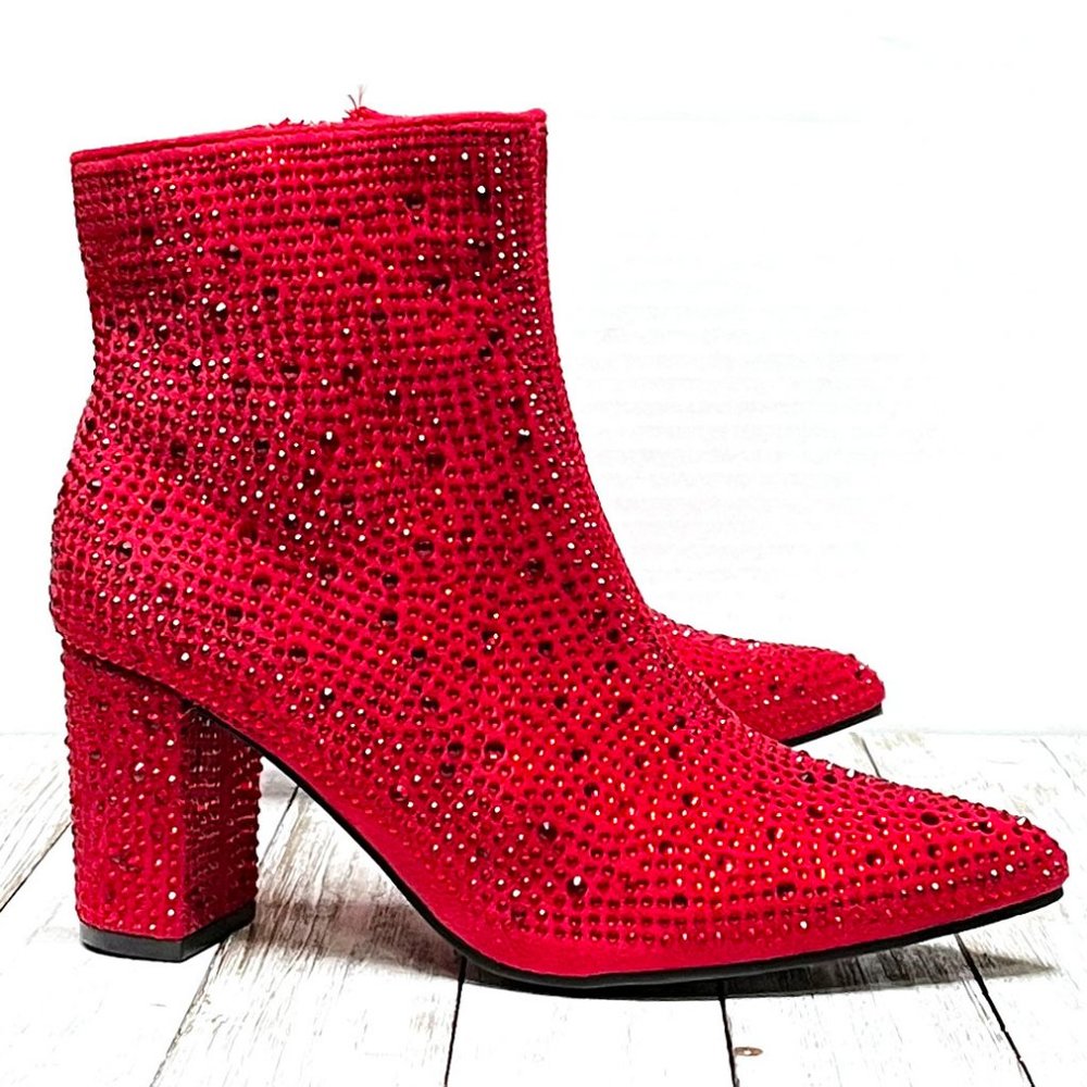 New Women Red Rhinestone Pointed Toe Chunky Heel Ankle Boots Booties